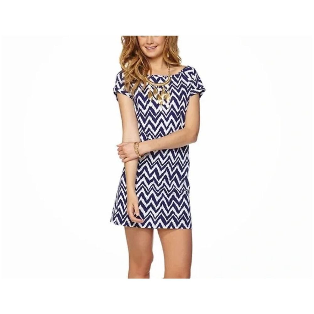 Lilly Pulitzer Palmer dress Pima cotton navy blue white chevron size S